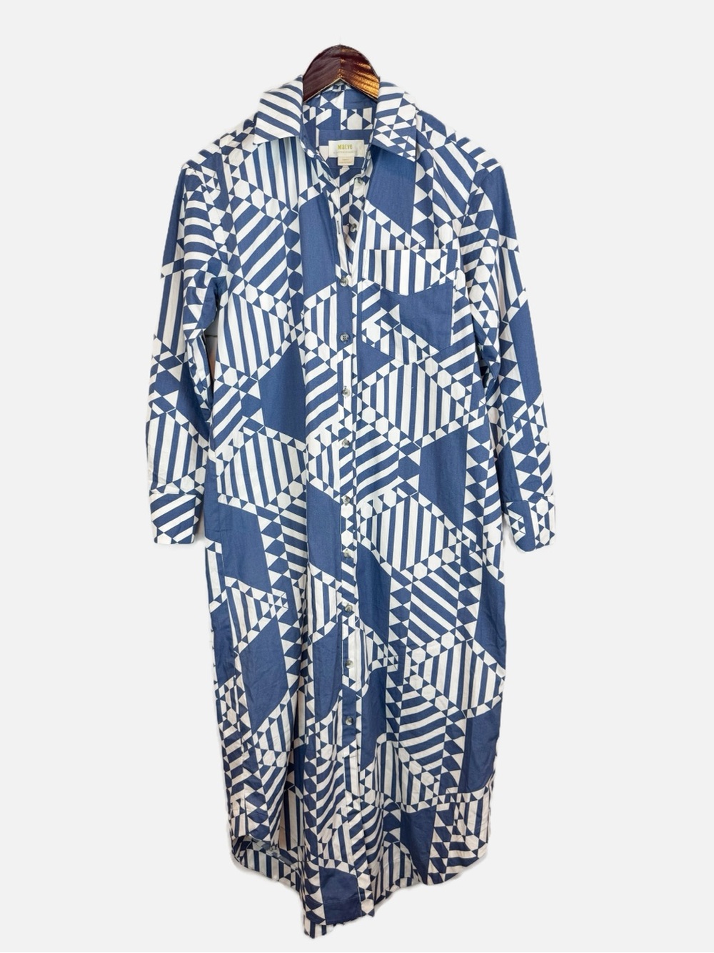 Maeve | Blue and White Patterned Button Down Midi Shirt Dress, XS
